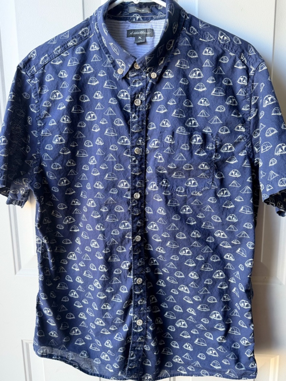 Eddie Bauer Camping Shirt Tent Print Button Up Blue Mens Large Outdoor